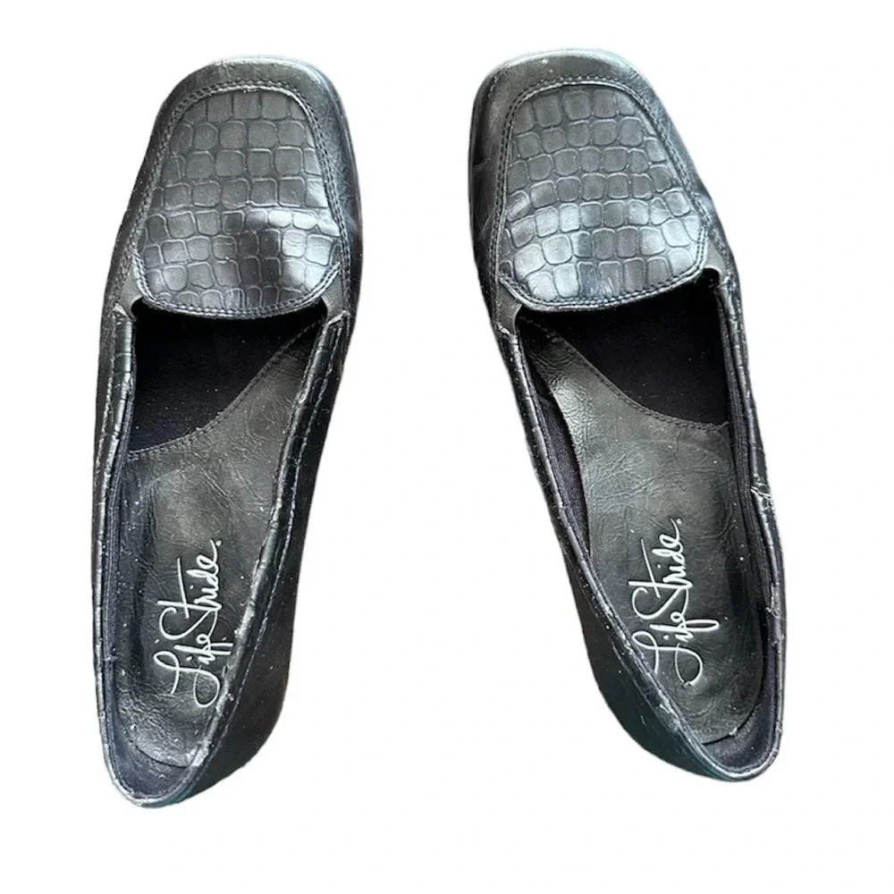 LifeStride Women’s Black Square Toe Faux Leather Loafer Shoe Size 7.5M GUC